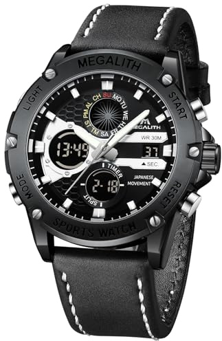 MEGALITH Herrklocka sport läder väckarklocka timmer digital klocka herr led stor, svart, Standard