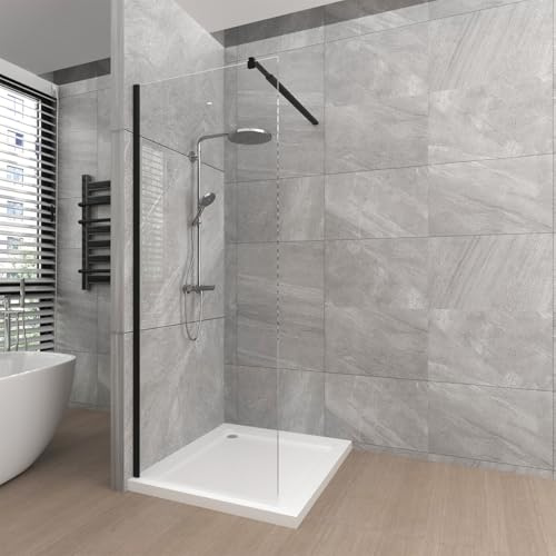 T&K Cabine de douche à l'italienne 70 x 190 cm, paroi de douche pour salle d'eau, cadre noir, verre trempé de sécurité de 8 mm facile à nettoyer des deux côtés, avec barre de support télescopique