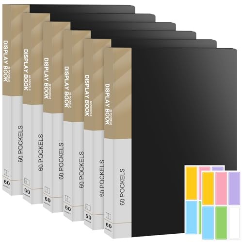 6 Pack A4 Display Books 60 Pocket A4Display Folder with Plastic Sleeves, A4folder with Plastic Sleeves Black Presentation Project Folder, Poly File-Folder Used for Storing Document and Certificate