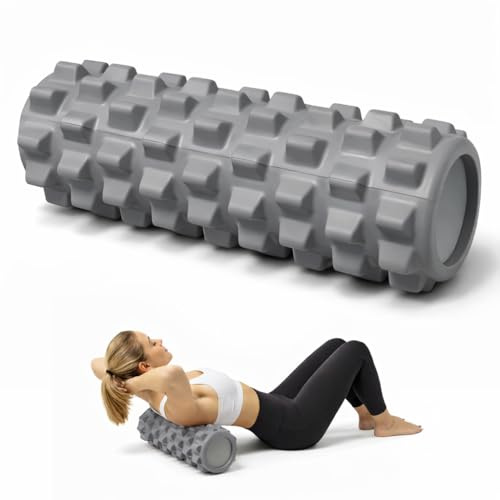ADEPTNA 33cm Foam Roller Deep Tissue Muscle Massage Roller with Grid Texture Trigger Point Massager for Muscle Recovery, Physical Therapy, Yoga, Pilates & Gym Fitness Durable EVA Foam (Grey)