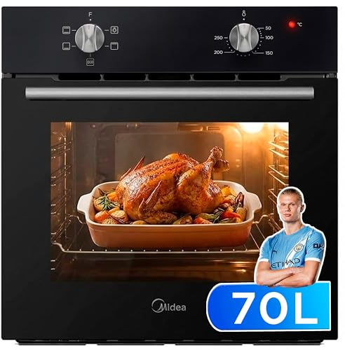 Midea Horno Electrico Empotrable Convencional de 70L y 2100W - Horno Integrable Negro con 4 funciones, Modo ECO - Hornos con Luz Led de Bajo Consumo, Puerta Doble Cristal, Bandeja Universal, y Rejilla