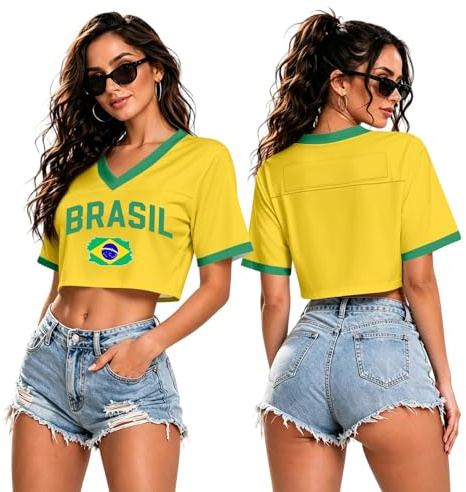 uxxnjfg Maglietta Calcio Crop Top Donna Maglia Brasile Italia Donna Calcio Vintage Maglia Brasile Mondiali 2026 Mondiali 2026 Tshirt Jersey Sportswear Traspirante Maniche Corte Giallo XL