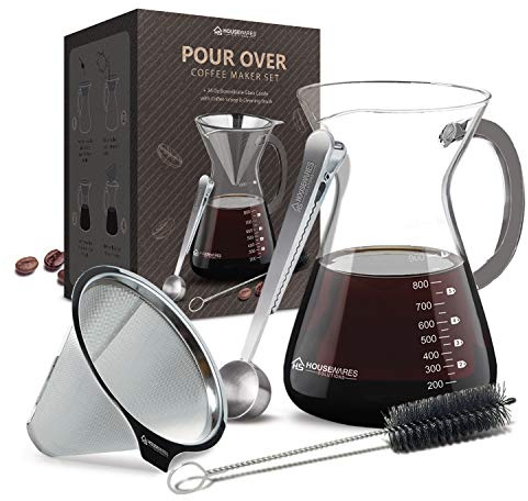 Pour Over Coffee Maker Set - 34 oz Large Borosilicate Glass Carafe, Thickened Rust Resistant Heat Resistant Double-Layer Stainless Steel Dripper/Filter with Coffee Scoop and Cleaning Brush