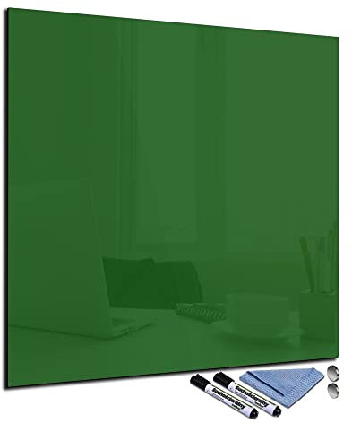 Glas-Magnettafel 80x80 cm Whiteboard Wand Beschreibbar Quadratisch Magnetisch Küche Office Büro mit Zubehör Wochenplaner Abwischbar Deko Memoboard Tafel Grün