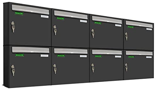 AL Briefkastensysteme Basic 8er Briefkasten RAL 7016 Anthrazit Grau/Einwurfklappe RAL 9006 Weiß Aluminium 8 Fach DIN A4 wetterfest mit Posthaltebügel und 2 Namensschildern
