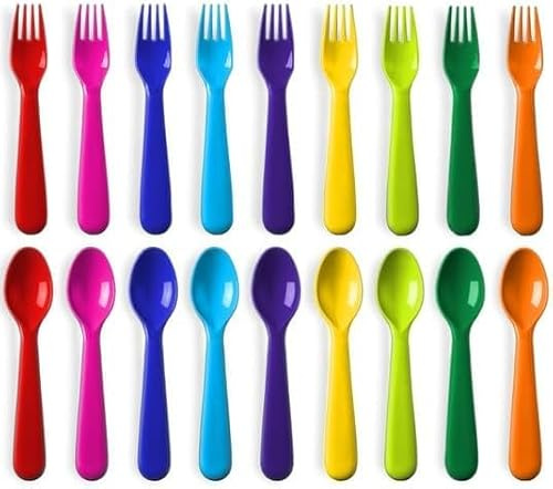 PLASKIDY Toddler Utensils Set of 18 Plastic Kids Utensils Forks and Spoons - BPA FREE/Dishwasher Safe Toddler Flatware Set Brightly Colored Children's Safe Silverewre Cutlery Set