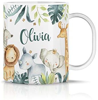 iCaseDesigner Personalised Childrens Mug - Unbreakable Lightweight Polymer - Add Your Own Name - Safari Animals
