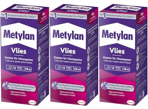 Metylan Vlies, Tapetenkleister für Vliestapeten mit glatter oder strukturierter Rückseite, einfach zu verwendender Tapetenkleister, Kleister mit hoher Ergiebigkeit, 3x360g