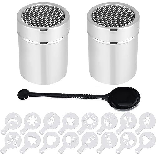 2 Pack Stainless Steel Powder Sprinklers Cocoa Shaker for Cocoa Powder, Chocolate Powder, Cinnamon, Sugar, Flour, Salt with 16 Printing Moulds Stencils