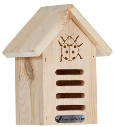 Green Feathers Wooden Insect Ladybird House, Made from Pine Wood, Natural Shelter LadyBird House for your Garden (Ladybird House)