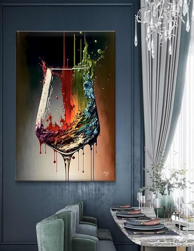 Impression de peinture sur verre à vin coloré | Impressions d'art sur toile | Cadeau pour amateur de vin | Décoration murale abstraite pour vin Art mural de cuisine 60x90cm (24x35in) avec cadre