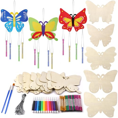Ainiv 8 Pack Butterfly Wind Chime Crafts for Kids, DIY Paint Wooden Windchimes, Butterfly Decorative Wind Chime Craft Set, Wooden DIY Art Craft Activities for Children Age 4 5 6 7 8 +