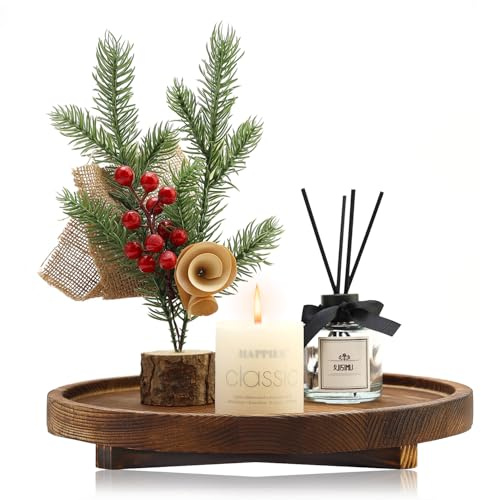 Round Decorative Wooden Tray for Bathroom Sink Kitchen Counter Decor Trays Small Wood Riser Pedestal Stand Dining Coffee Table Trays Vanity Spa Bathroom Accessories for Soap Dish Perfume Candle Tray