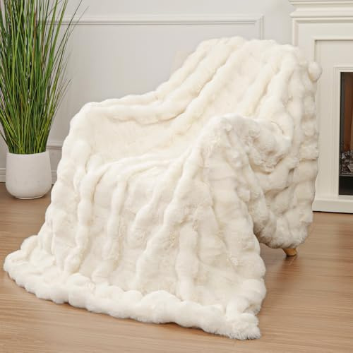 Enyhom Bubble Decke Groß 228x228 cm Creme, Kaninchen Fellimitat Flauschig Weiche Warme Kuscheldecke, Sofadecke für Sofa Couch Bett Haustier Schlafzimmer Wohnzimmer Deko