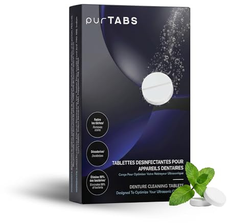 purTABS 30 Pastilles Nettoyantes Appareil Dentaire – Tablettes Nettoyage Prothèse, Aligneur, Gouttière, Dentier – Compatible Nettoyeur Ultrason – Anti Odeur, Antibactérien, Saveur Menthe – Nevopur
