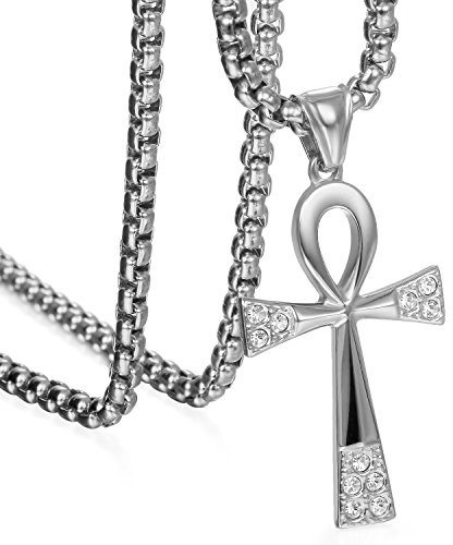 JewelryWe Smycken partnerhänge partnerhalsband rostfritt stål strass egyptisk ankh kors amulett hänge med 55 cm halsband halsband för män kvinnor silver, alla hjärtans dag kärlek gåva, hänge: 4