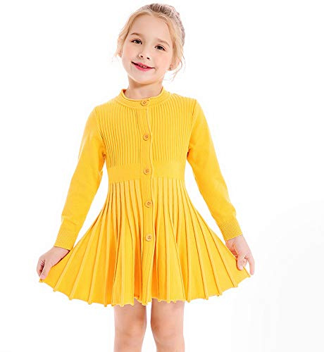 SMILING PINKER Kids Girls Pleated Dress Long Sleeve Button Down School Knitted Sweater Dresses(Yellow,5-6 Years)