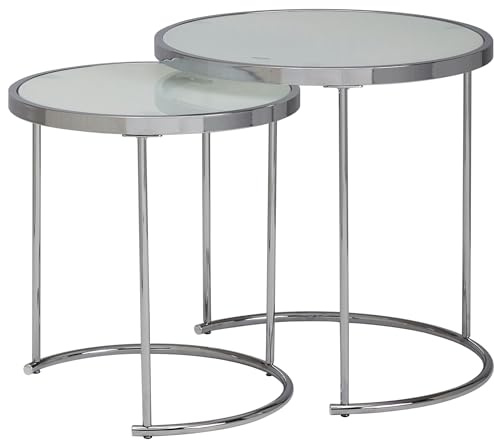 Wohnling Design Beistelltisch Rund Ø 50/42 cm - 2 teilig Weiß Silber mit Glasplatte, Wohnzimmertisch 2er Set, Satztisch Milchglas, Couchtisch