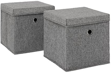 OHS Faux Linen Fabric Storage Box with Lid, Removable Base Collapsible Toy Box Organiser Square Storage Cube Eyelet Easy Packable, Living Room Office Bedroom, Charcoal Grey 2 Pack