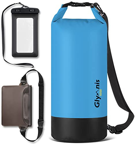 Glymnis Dry Bag wasserdichte Tasche 10L 20L Wasserdichter Packsack mit Bauchtasche und Tragegurt Waterproof für Wassersport Strand Schwimmen Bootfahren Reisen Camping (Blau, 5L)