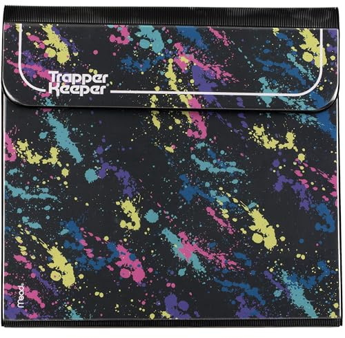 Mead Trapper Keeper Binder, Retro Design, 1 Inch Binder Includes 2 Folders and Extra Pocket, Metal Rings and Spring Clip, Secure Storage, Paint Splatter, School Supplies (260038FO-ECM)