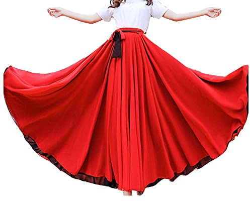 GUOCU Donne a Doppia Faccia Professionista Pratica Gonna a Ruota di Danza in Chiffon Flamenco a Lungo Spettacolo Grande Gonna Svasata Vestito di Danza del Ventre con Cravatta in Vita Brosso M