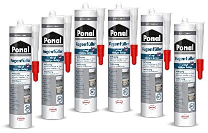 Ponal Vinyl Design-Beläge Fugenfüller Mittelgrau, hochelastische Fugenmasse für Anschlussfugen, zur Verklebung von Vinyl-Sockelleisten, wasser- und silikonfreie Dichtmasse, 6x395g Kartusche