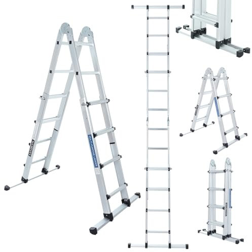 WORHAN Escalera Telescópica Extensible Aluminio 410cm con Estabilizador Escalera de Tijera Robusta Versátil Plegable LG4