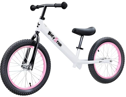 Bicystar 16 Inch Kids Balance Bike for 5-8 Year Old, No Pedals, Air Tires, Footrests, Adjustable Height for Big Boys, Girls, White