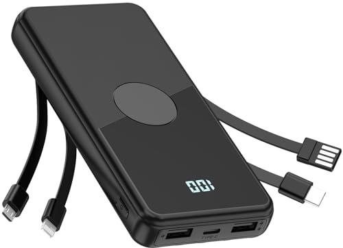 TXQX Portable Charger with Built in Cables,High Speed Power Bank 10000mAh Travel Battery Pack 5 Outputs 3 Inputs Portable Phone Charger Backup Battery for iPhone, Samsung, iPad,Tablets (Black)