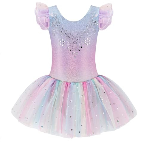 Zaclotre Kid Girls Ruffle Sleeve Ballet Skirted Leotard Shiny Dance Tutu Dresses