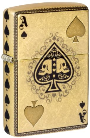 Zippo-stormtändare – Ace of Spades Design, 540° Tumbled Brass, Lustre/Fusion – Påfyllbar – Återanvändbar – Vindsäker design – Presentask – Tillverkad i USA
