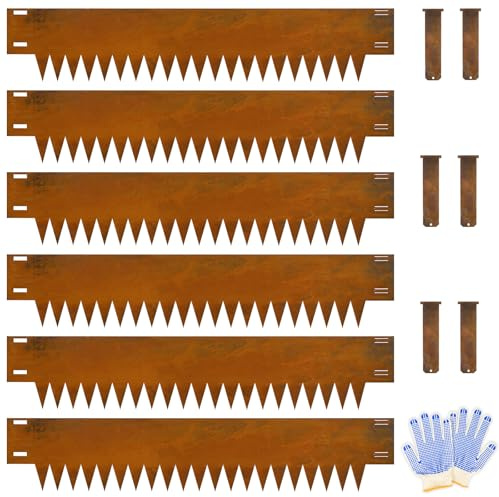 Ganeekiron Cor Ten Steel Landscape Edging, 8Hx40L-Inch Metal Garden Edging, 6-Pack Hammer in Landscape Edging with 6 Clips and Gloves, Rustic