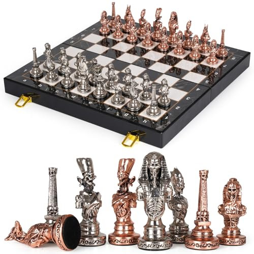 Juego de ajedrez grande de metal egipcio para adultos con tablero de ajedrez plegable de viaje de 15 pulgadas, piezas de ajedrez de metal con peso, lujosos juegos de ajedrez para coleccionistas, juego