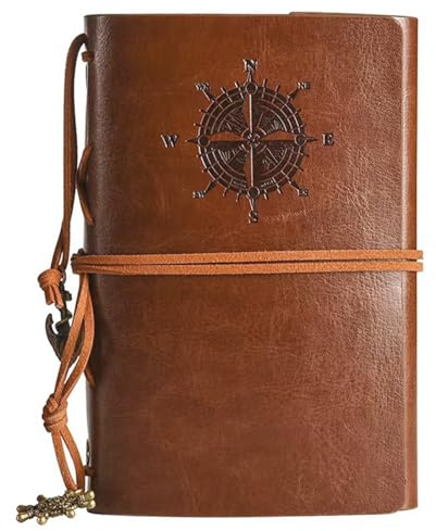 Leather Journal Notebook, A5 Blank Pages Refillable Journal, Vintage Writing Travelers Notebook Spiral Bound Diarys, Diary Gift for Women, Men Classic Embossed Retro Pendants (Brown)