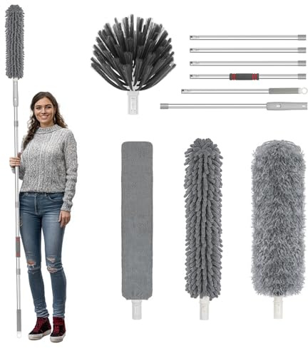 Staubwedel Teleskop Waschbar Duster Lang Ausziehbar Bis 260cm, Staubwischer mit Stärken Teleskopstange, Teleskopstiel Staubmagnet Verbiegbare Staubfänger Spinnenwebenentferner für hohe Decken