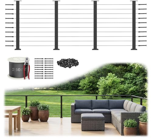 PLANTOP 12-20FT Complete Set 36 Cable Railing Post Kit(36x2x2), 4pcs Stainless Steel Black Flat Top Surface Mount Level Posts,1/8 Wire Rope(No Handrail),Swageless Cable Railing System Kit,MY07-LP