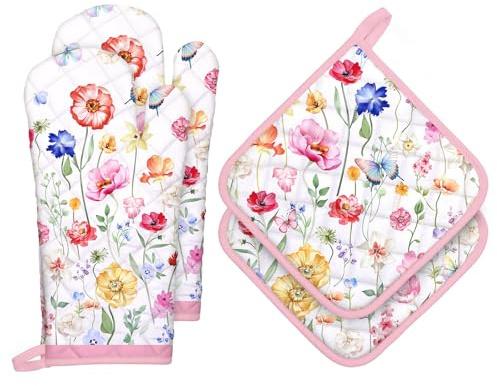 Arquiel Guanti Da Forno Presina Set Di 4, 100% Cotone Addensare Guanti Da Forno A Microonde, Presine Da Cucina Morbida Resistenti Al Calore Per Arrostire, Cuocere(Fiore Rosa)