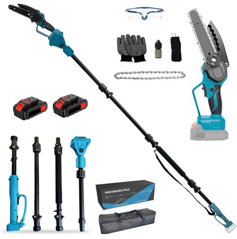 Élagueuse professionnelle sans fil - Compatible avec Makita 18 V - 15,2 cm - Scie d'élagage 2 en 1 sans balais - Avec manche télescopique et télescope - Hauteur de travail : 4,5 m (avec 2 batteries)