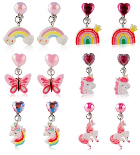 6 Paires de Boucles d'Oreilles à Clip pour Fille, Boucles d'Oreilles non Percées avec Coussinets d'Oreille Motif Arc-en-Ciel de Lapin Papillon Mignon à Clip non Perforées