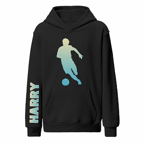Personalised Football Hoodie for Boys Custom Aqua Name Soccer Top, Footie Player Boys Hoodie & Football Cool Birthday Christmas Gifts - Black 11-13 Years