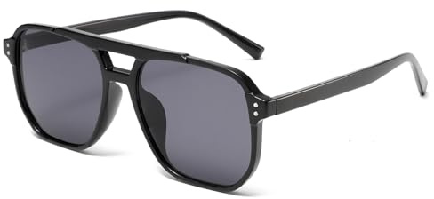 Long Keeper Occhiali da Sole Pilota Donna Uomo Retrò Occhiali da Sole Quadrati Stile Pilota 70 Anni Vintage Occhiali Doppio Ponte da Guida UV400 (Montatura Nero - Lenti Grigio Scuro)
