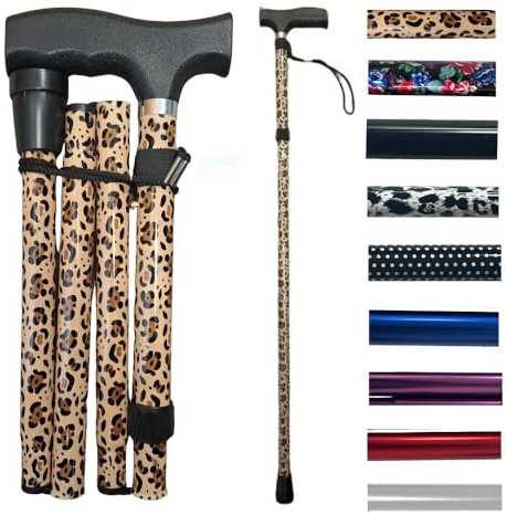 Life Healthcare Canne pliable en aluminium légère à hauteur réglable pour homme et femme handicapés, pointe en caoutchouc antidérapant, poignée ergonomique et design facile à transporter (léopard
