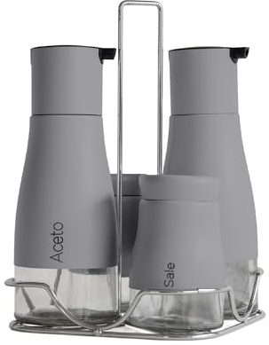 Set Condimento 4 Pezzi Olio Aceto Sale Pepe Vetro Acciaio Certificato Per Alimenti Organizzatore Acciaio Inox Con Stand In Metallo Condimenti Tavola Oliera Saliera Dispenser Tavola Organizer - Grigio