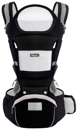 2 IN 1 Babytrage Hüftsitz Leichte Taille Hocker All-In-One Babytrage mit Flaschenaufbewahrung 6 Trage Positionen für Neugeborene ab Geburt, Babys & Kleinkinder (0-36Monate) (Schwarz)