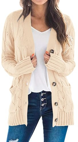 PRETTYGARDEN Women's Open Front Cardigan Sweaters Fall Fashion Button Down Cable Knit Chunky Winter Clothing Outerwear Coats (Beige,X-Large)