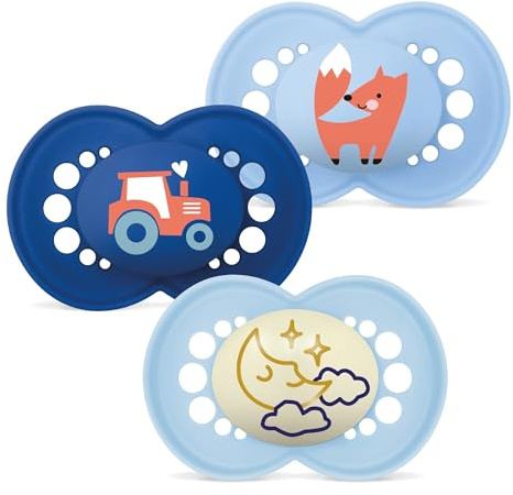MAM Set de 3 Chupetes, Día y Noche, a Partir de 6 Meses, con Tetina Simétrica, Plana y Flexible de Silicona de Fácil Aceptación, MAM Original, Azul Mate, Pack de 3uds