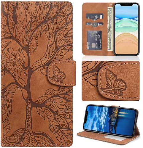 Aisenth Coque pour Samsung Galaxy A23 5G/M23 5G/M13 4G, Arbre de Vie Papillon Motif Housse Case en Cuir Synthétique Cover à Rabat, Portefeuille Étui de Protection avec Fentes pour Cartes, Brun
