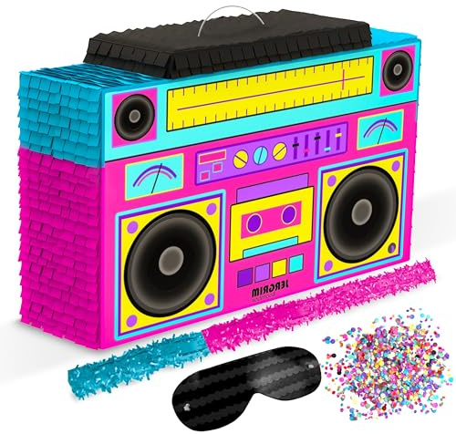Jergrim Boombox Piñata 4-Piece Set perfect for Retro Birthday Party, Decorations, 80s Parties, Hip Hop 90s, 1980’s Radio Piñata for kids and adults (17”X10”) Durable!