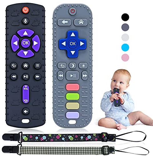 Orzbow 2 Pack Baby Spielzeug 6 Monate, Silikon Fernbedienung Beißringe mit Drückbare Schaltflächen, Zahnungshilfe Baby für 0-3-12 Monate, Lebensmittelqualität Badespielzeug, Schwarz & Dunkelgrau